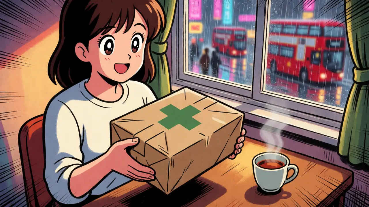 Anime girl happily receiving a medicine package in a rainy UK setting