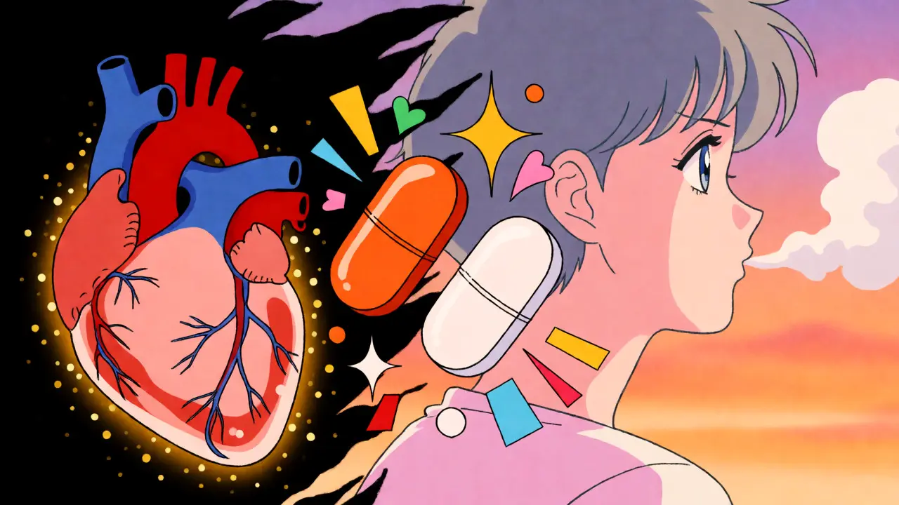 Anime illustration of heart health and diuretic action with glowing pills
