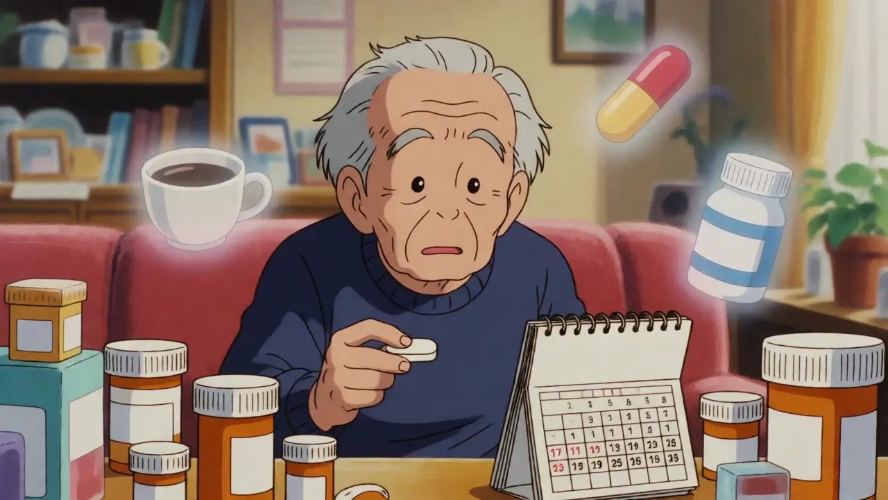 Elderly patient surrounded by interacting medication icons in a retro anime style